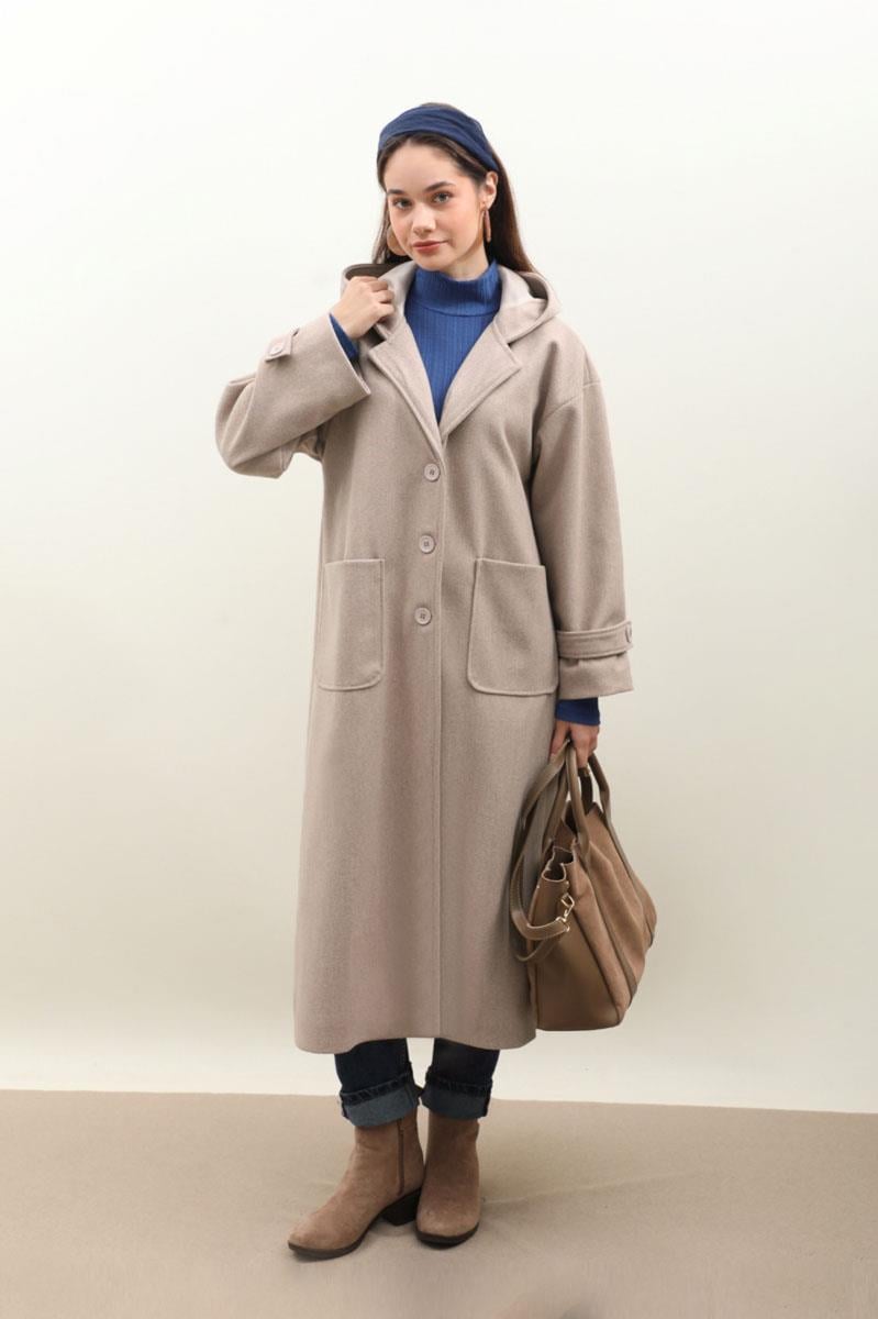 Kapüşonlu Ara Boy Kaban Açık Vizon 