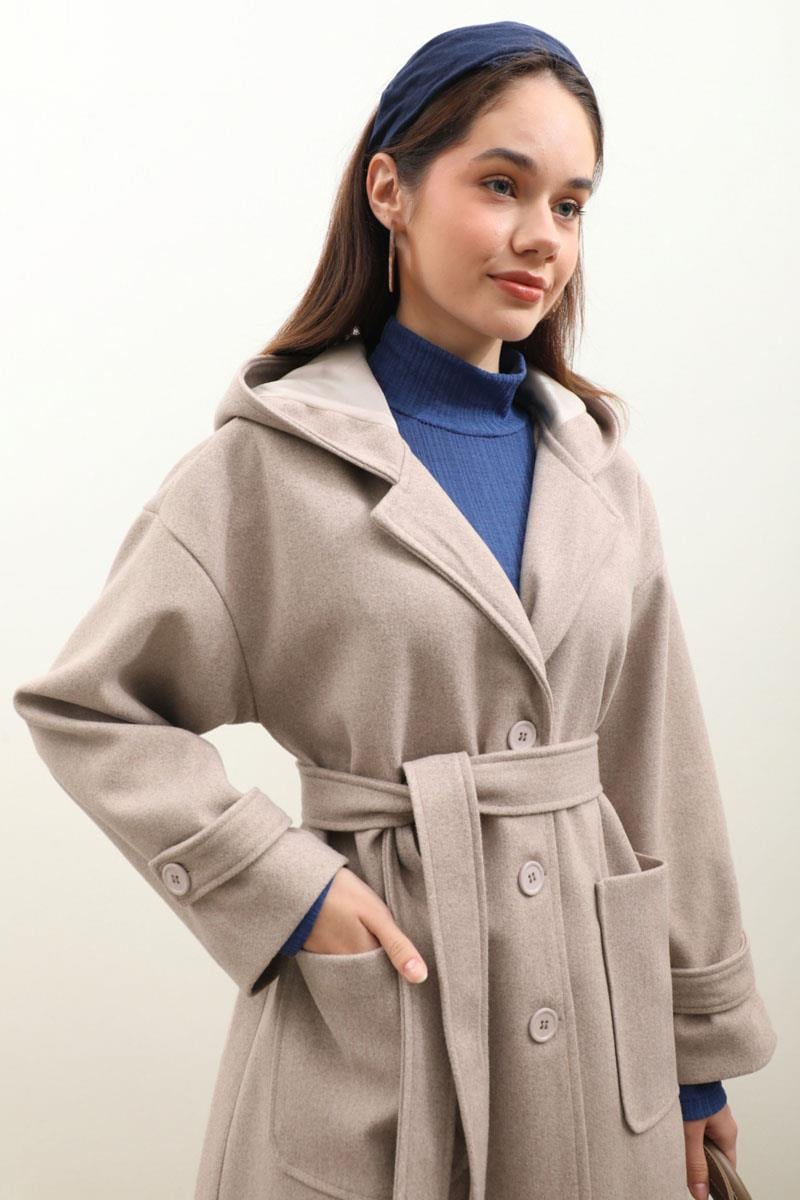 Kapüşonlu Ara Boy Kaban Açık Vizon 