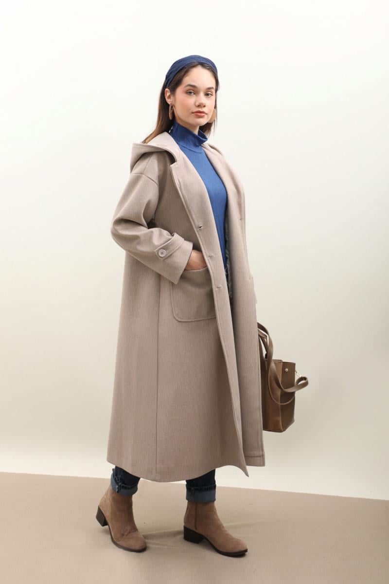 Kapüşonlu Ara Boy Kaban Açık Vizon 