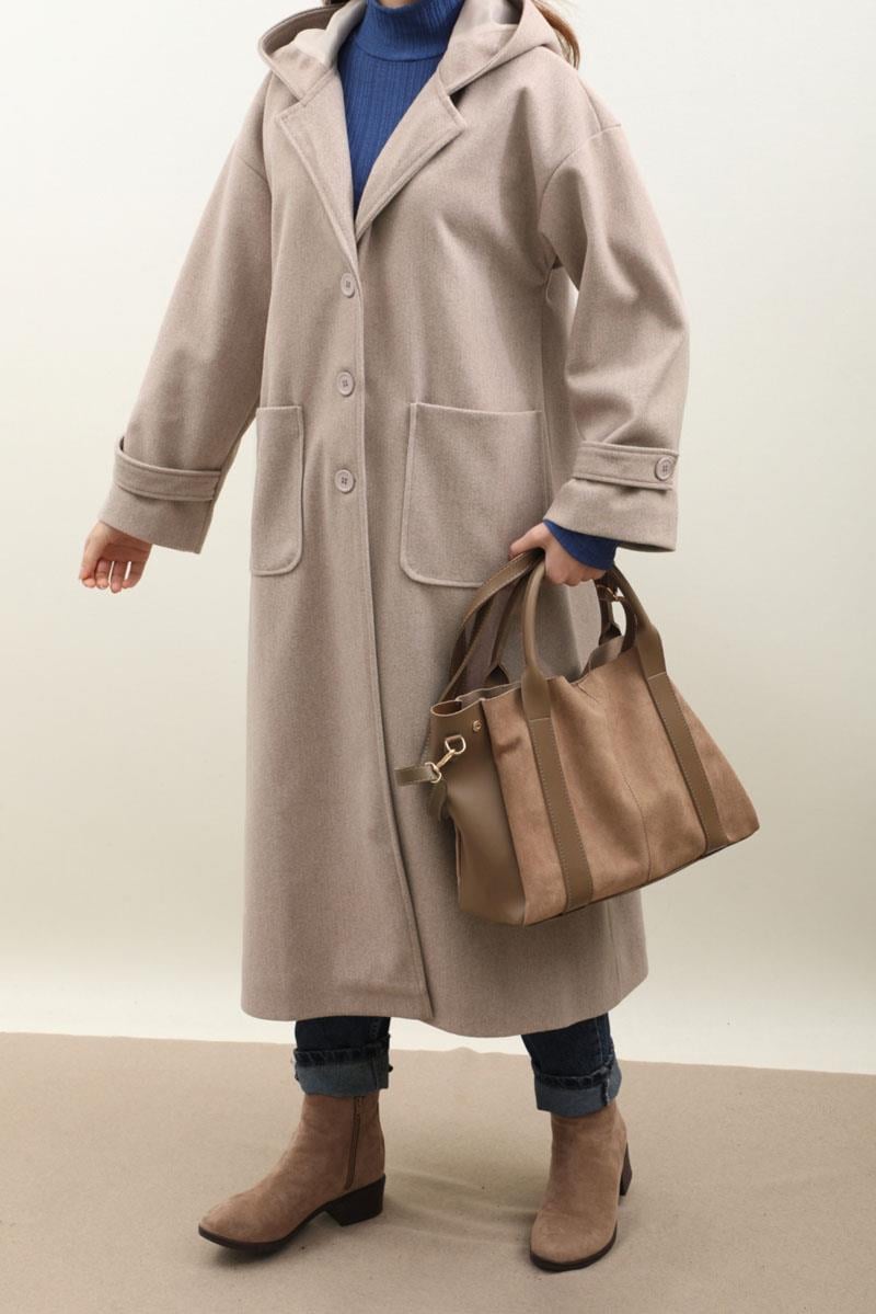 Kapüşonlu Ara Boy Kaban Açık Vizon 