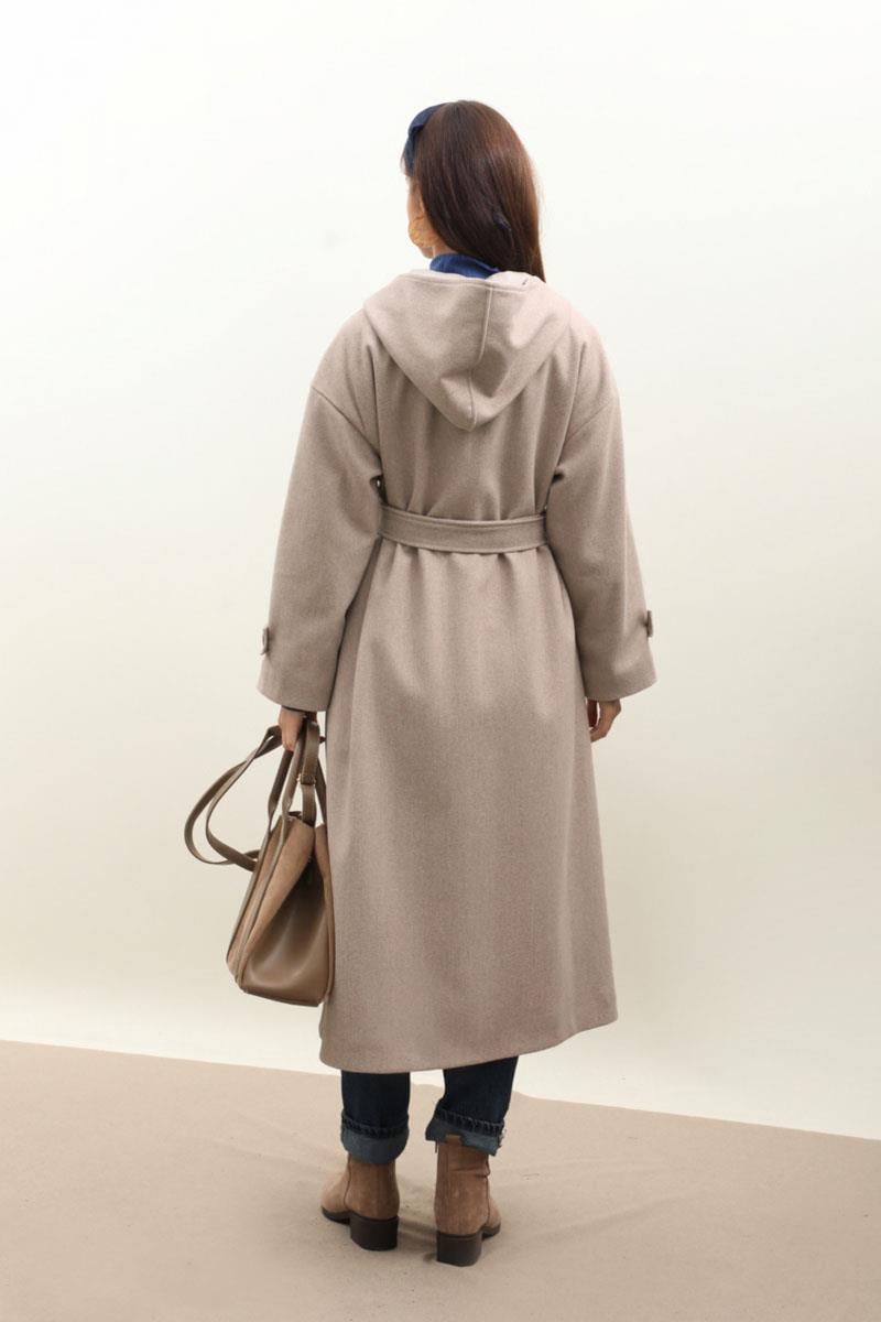 Kapüşonlu Ara Boy Kaban Açık Vizon 