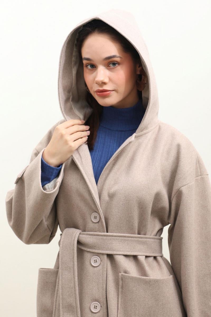 Kapüşonlu Ara Boy Kaban Açık Vizon 