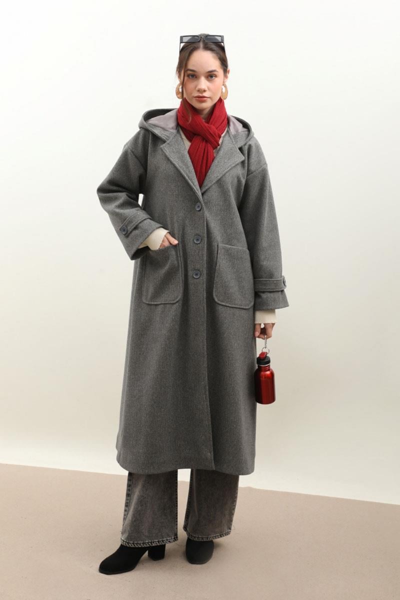 Kapüşonlu Ara Boy Kaban Antrasit