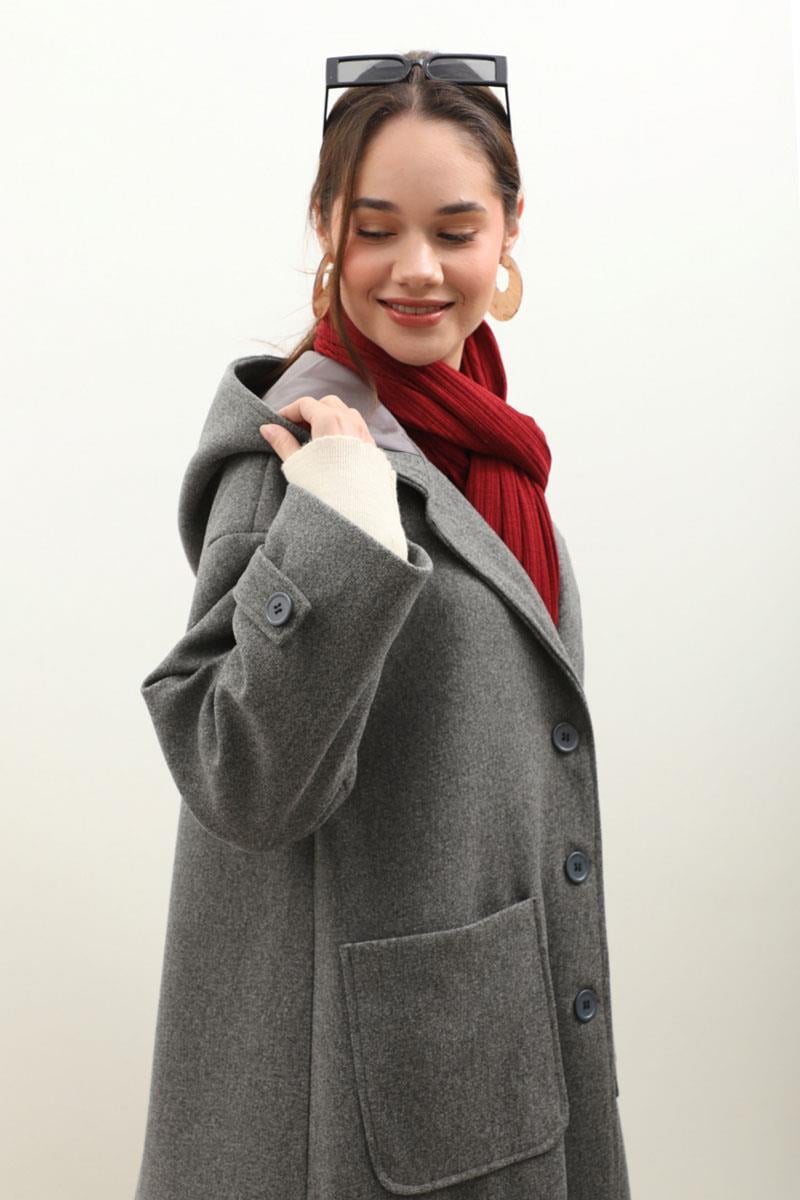 Kapüşonlu Ara Boy Kaban Antrasit