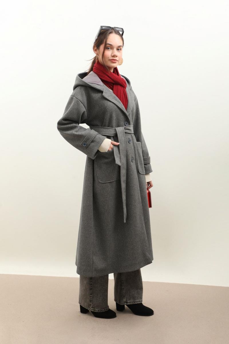 Kapüşonlu Ara Boy Kaban Antrasit