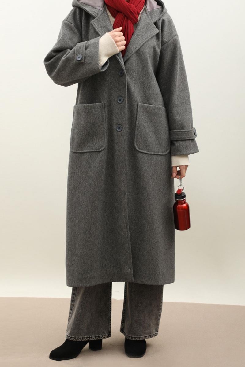 Kapüşonlu Ara Boy Kaban Antrasit