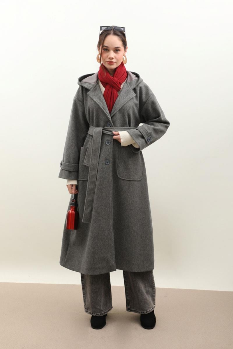 Kapüşonlu Ara Boy Kaban Antrasit