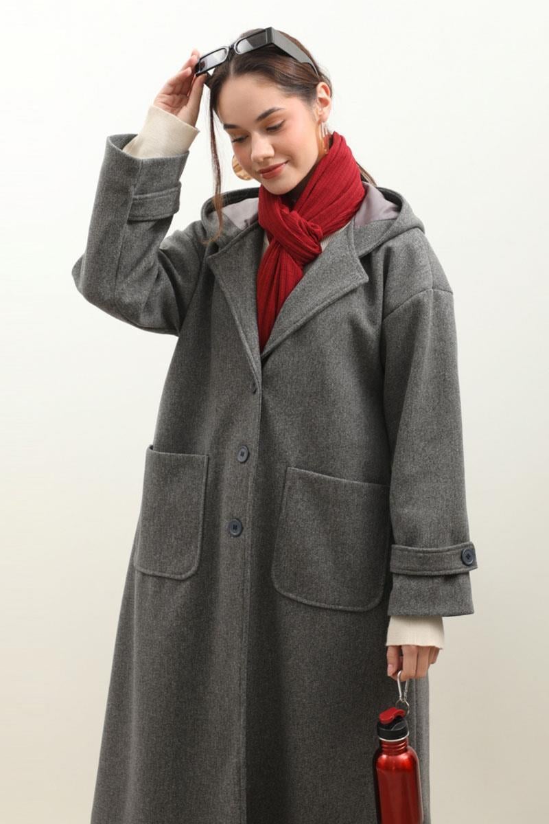 Kapüşonlu Ara Boy Kaban Antrasit