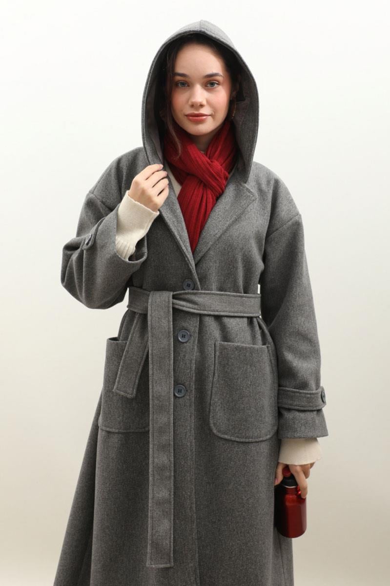 Kapüşonlu Ara Boy Kaban Antrasit