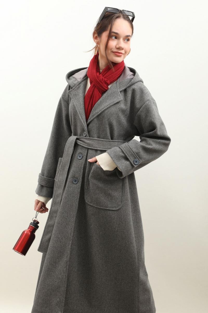 Kapüşonlu Ara Boy Kaban Antrasit