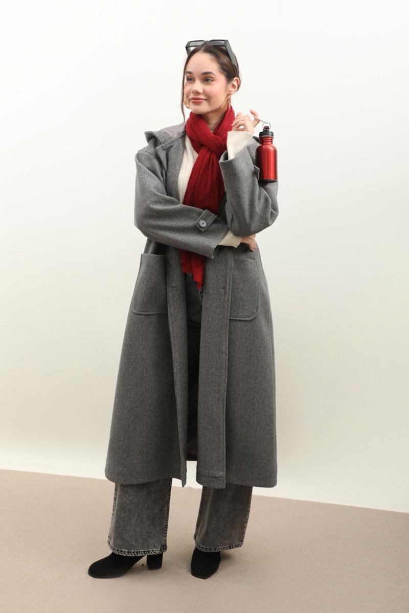 Kapüşonlu Ara Boy Kaban Antrasit