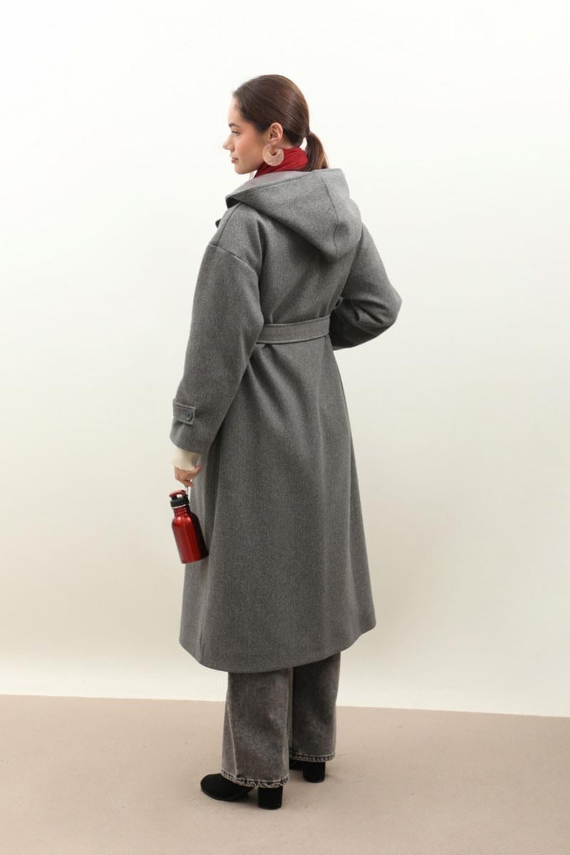 Kapüşonlu Ara Boy Kaban Antrasit