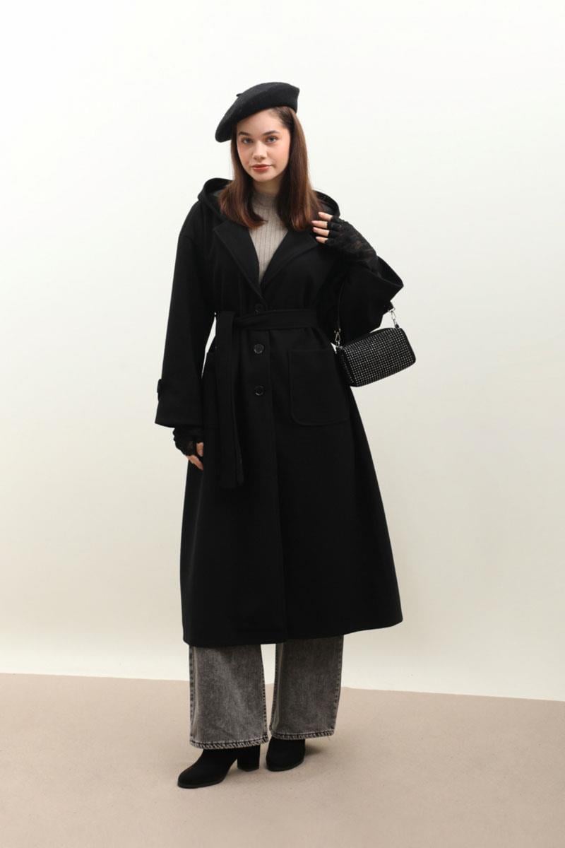 Kapüşonlu Ara Boy Kaban Siyah