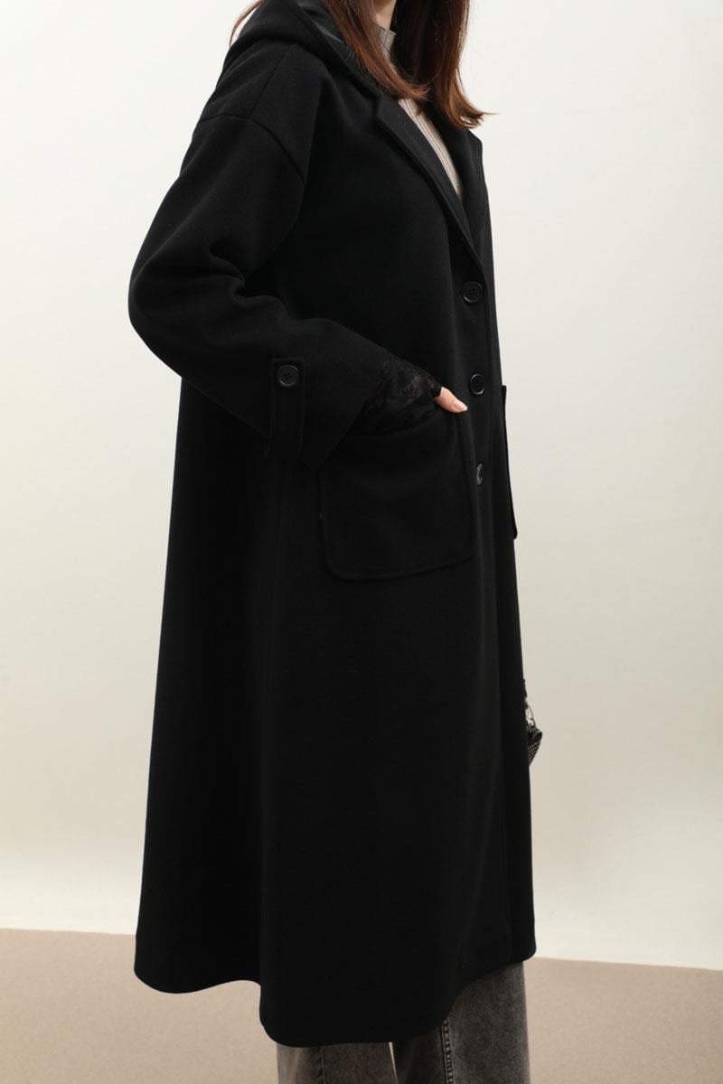 Kapüşonlu Ara Boy Kaban Siyah