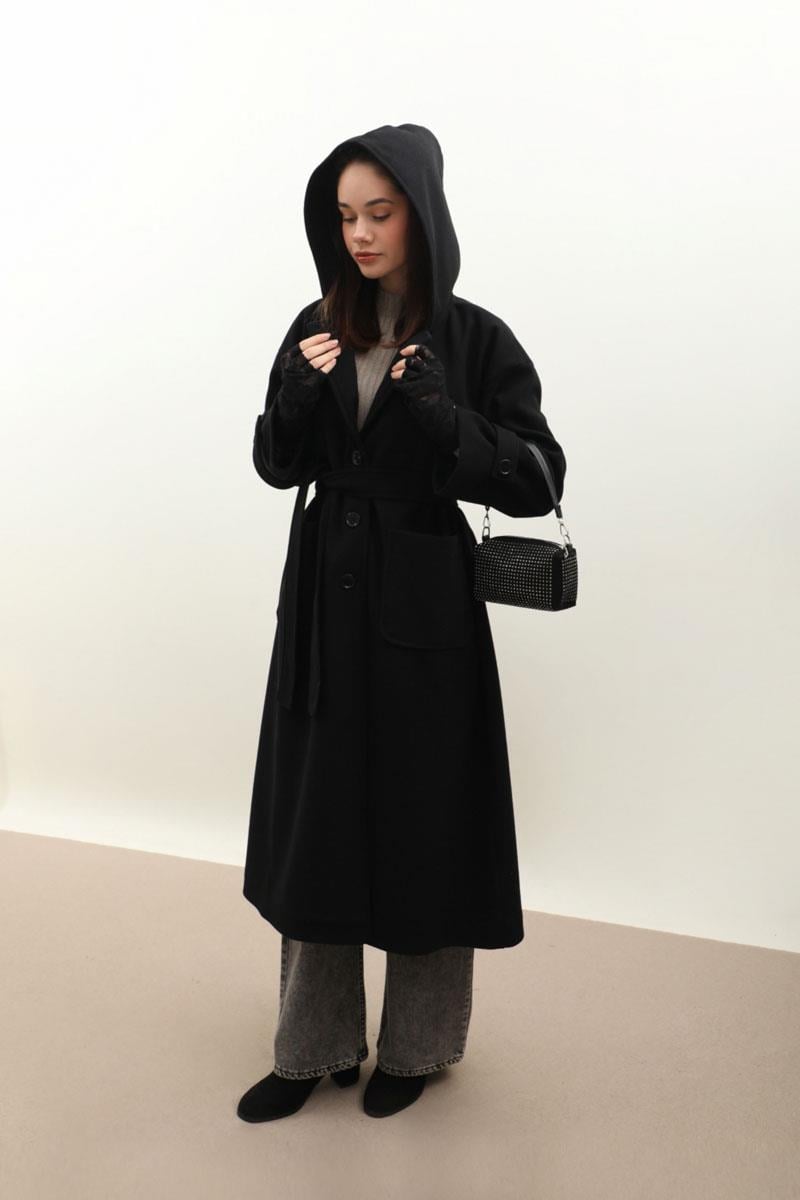 Kapüşonlu Ara Boy Kaban Siyah