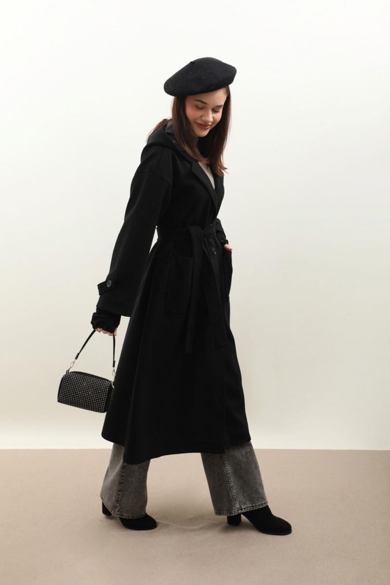 Kapüşonlu Ara Boy Kaban Siyah