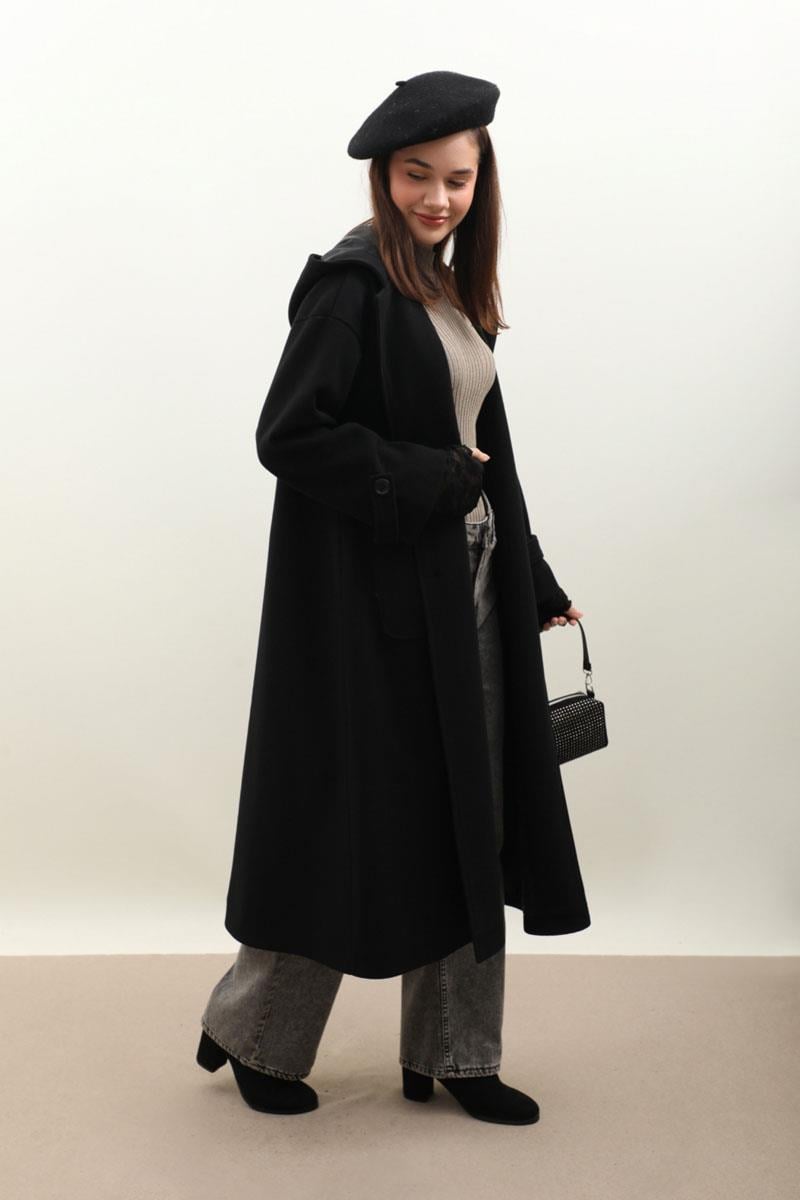 Kapüşonlu Ara Boy Kaban Siyah