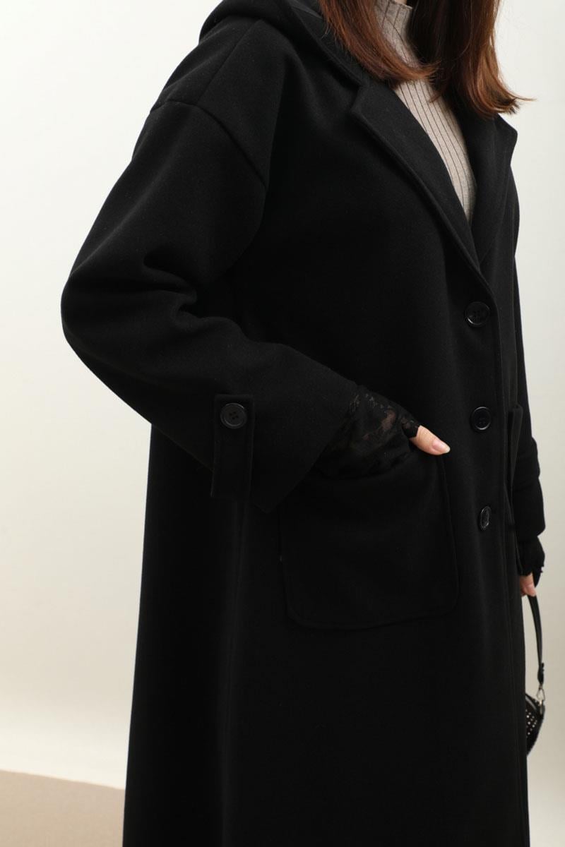 Kapüşonlu Ara Boy Kaban Siyah