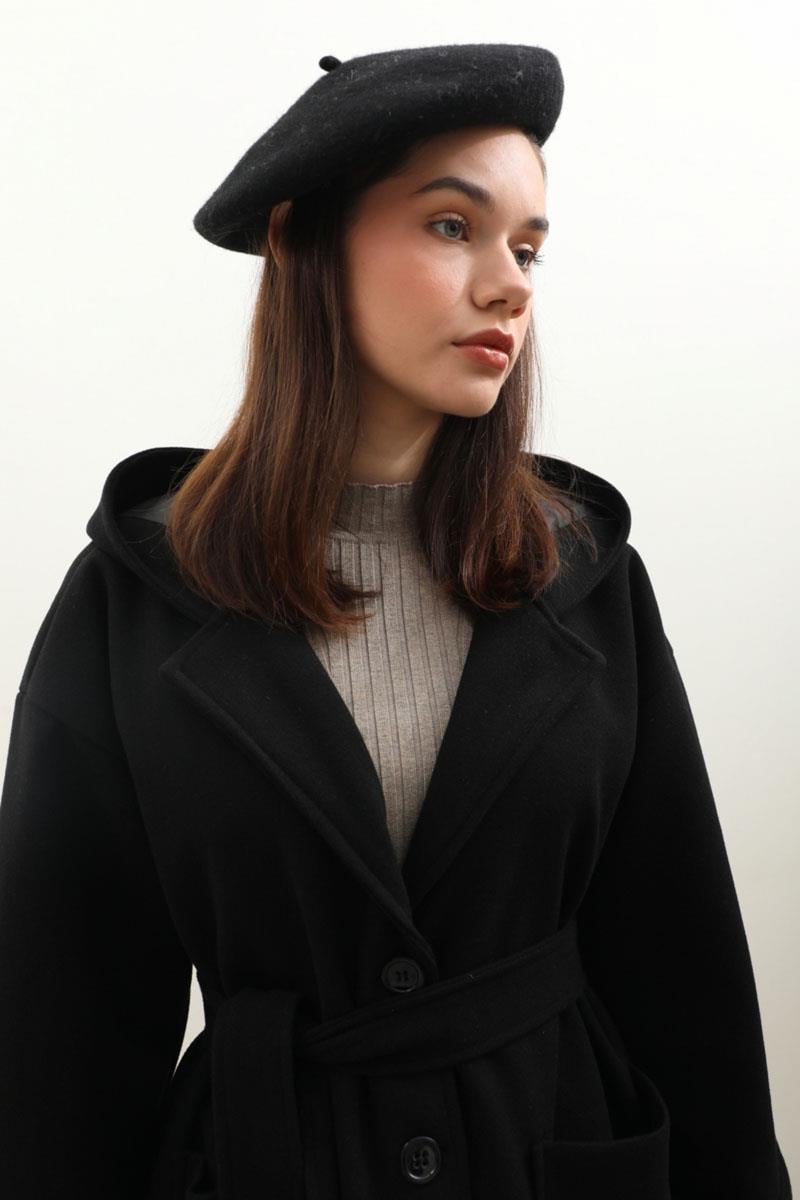 Kapüşonlu Ara Boy Kaban Siyah