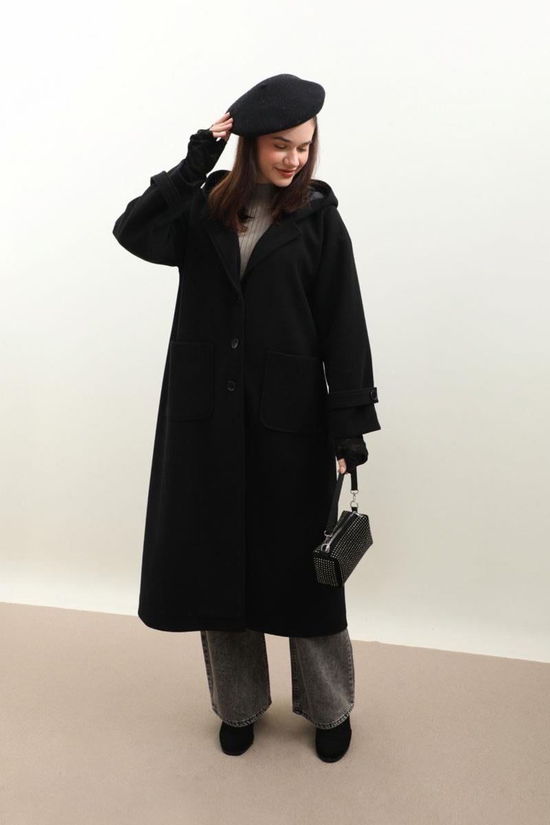 Kapüşonlu Ara Boy Kaban Siyah