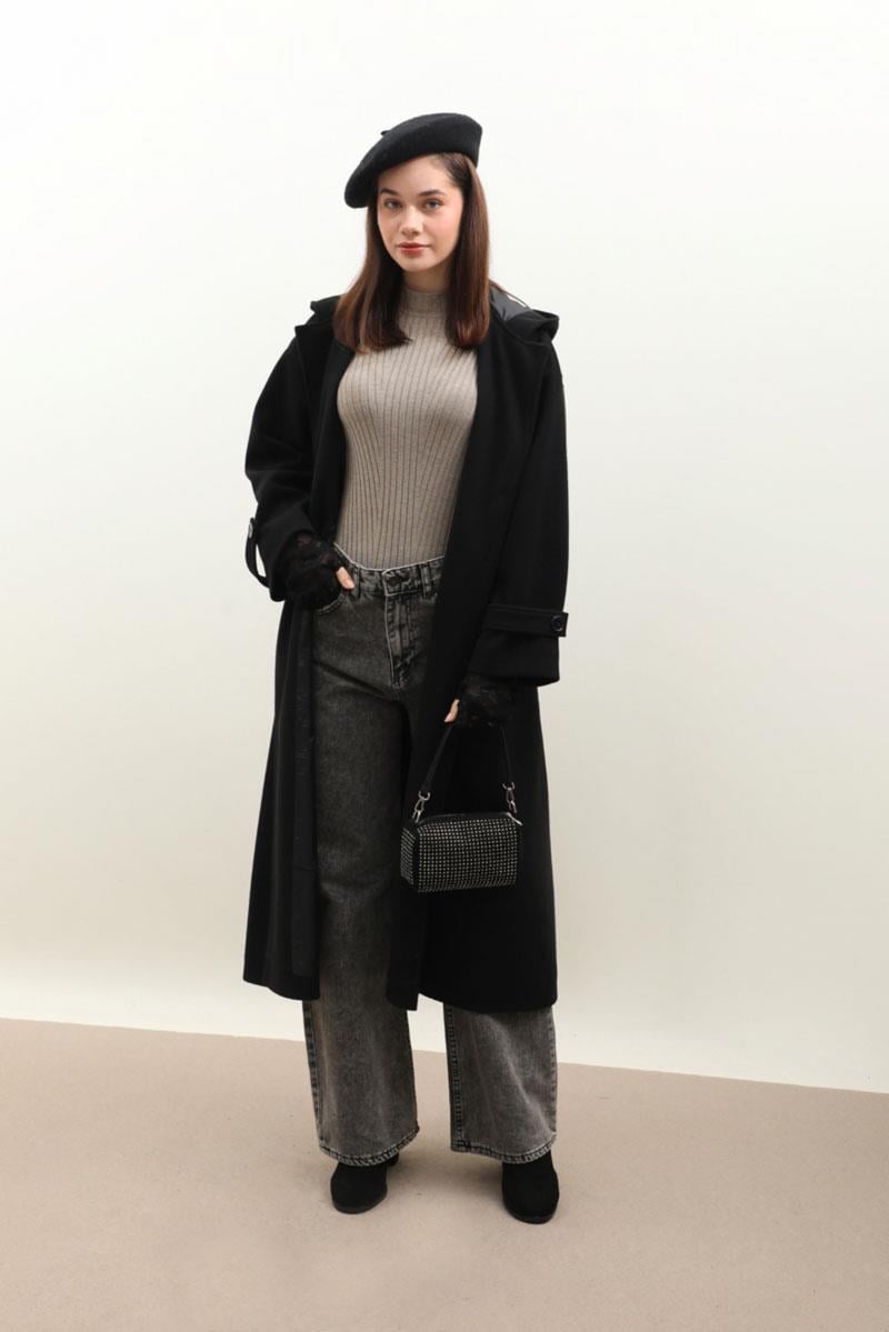 Kapüşonlu Ara Boy Kaban Siyah