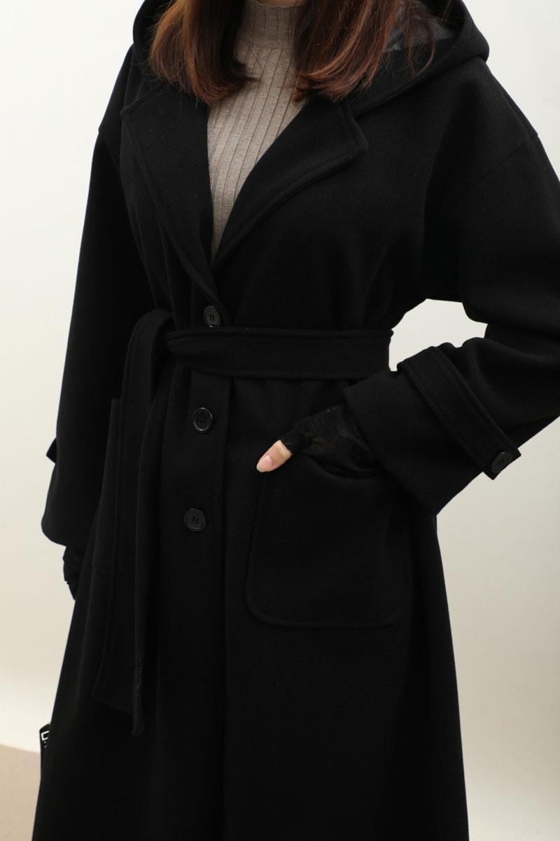 Kapüşonlu Ara Boy Kaban Siyah