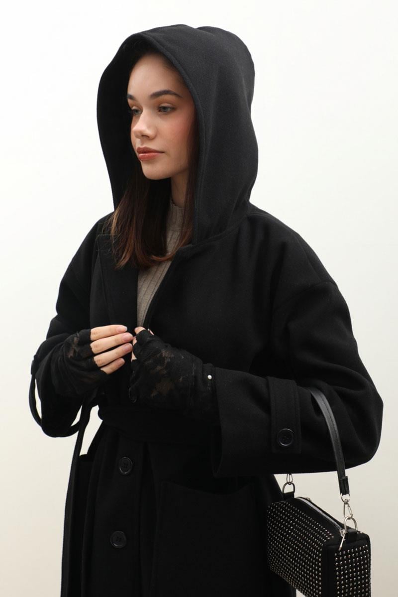 Kapüşonlu Ara Boy Kaban Siyah