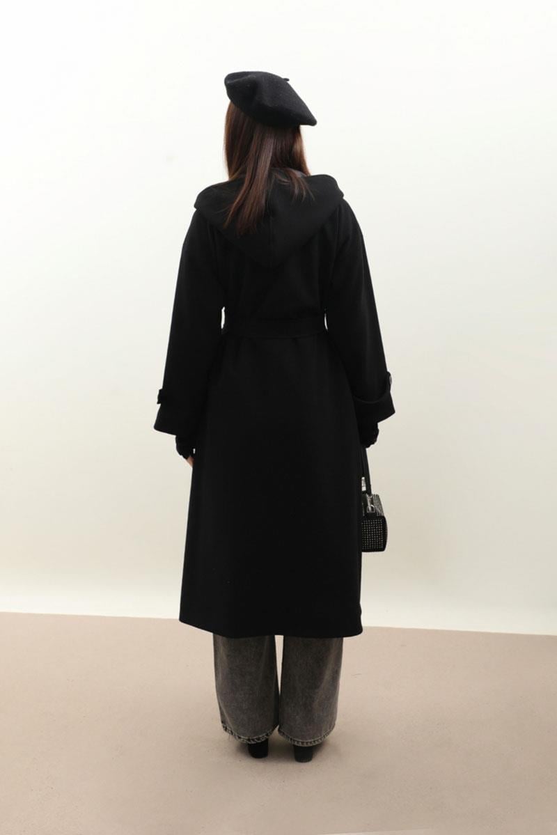 Kapüşonlu Ara Boy Kaban Siyah