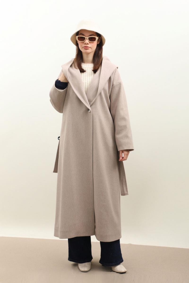 Kapüşonlu Şal Yaka Kaban Açık Vizon