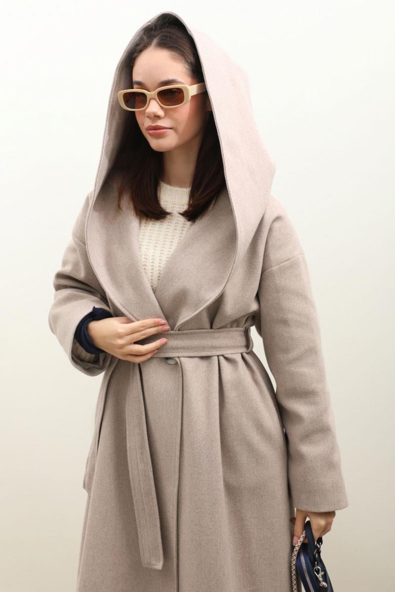 Kapüşonlu Şal Yaka Kaban Açık Vizon