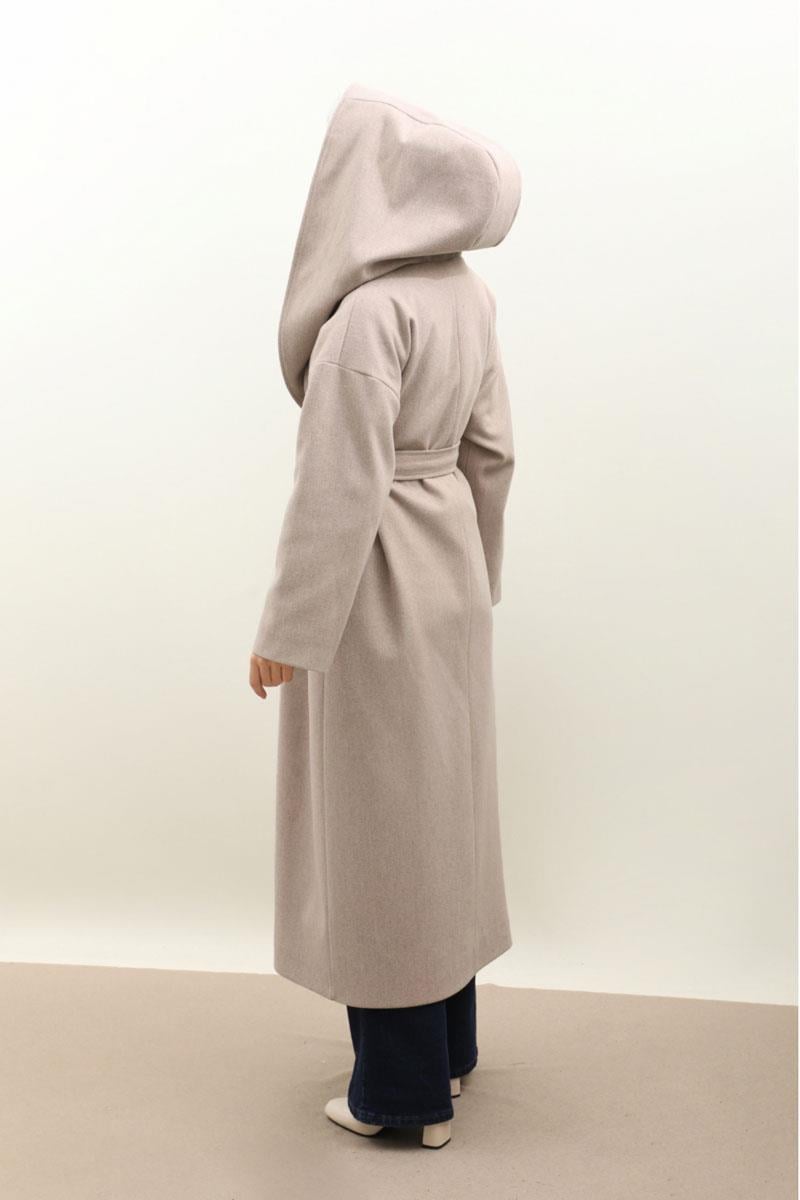 Kapüşonlu Şal Yaka Kaban Açık Vizon