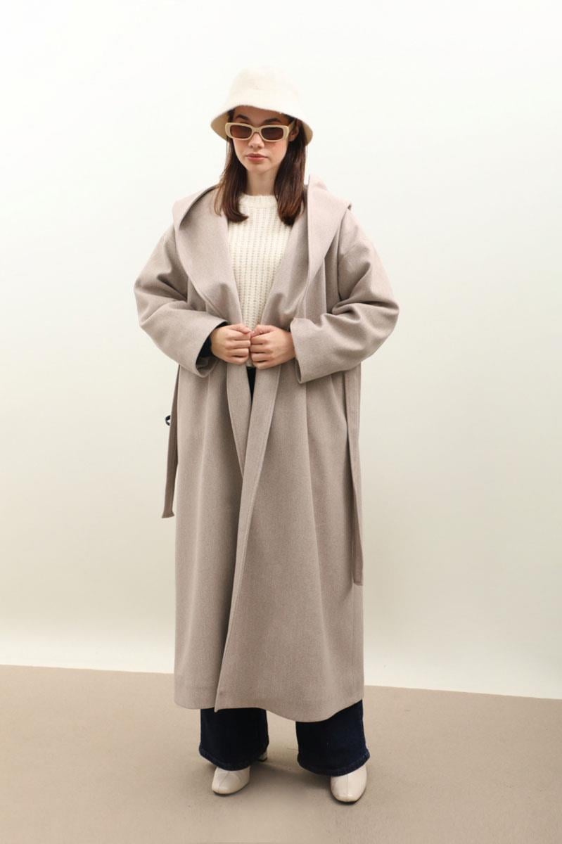 Kapüşonlu Şal Yaka Kaban Açık Vizon