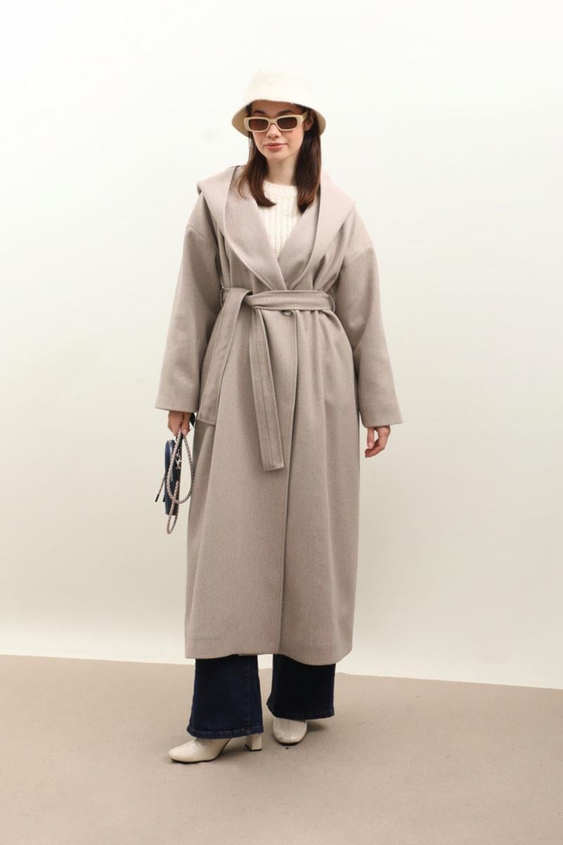 Kapüşonlu Şal Yaka Kaban Açık Vizon