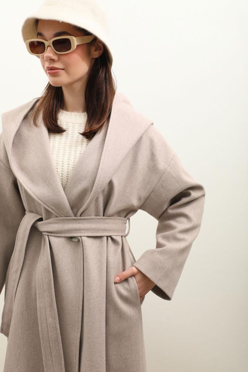 Kapüşonlu Şal Yaka Kaban Açık Vizon