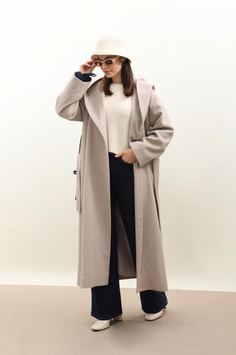 Kapüşonlu Şal Yaka Kaban Açık Vizon