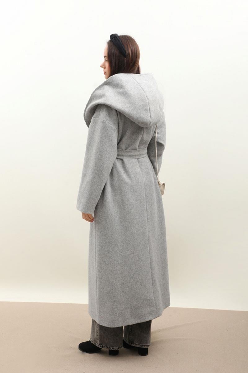 Kapüşonlu Şal Yaka Kaban Gri