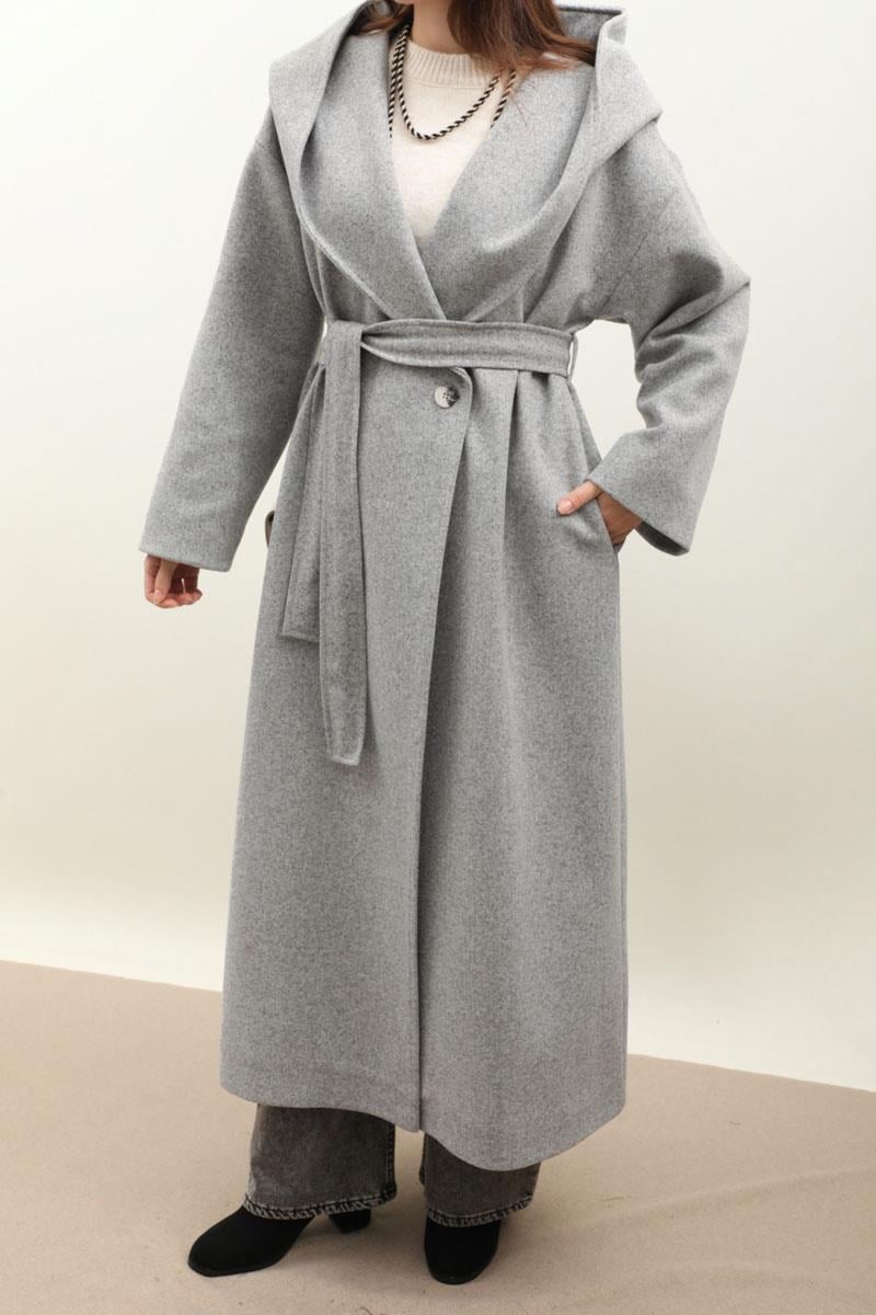 Kapüşonlu Şal Yaka Kaban Gri