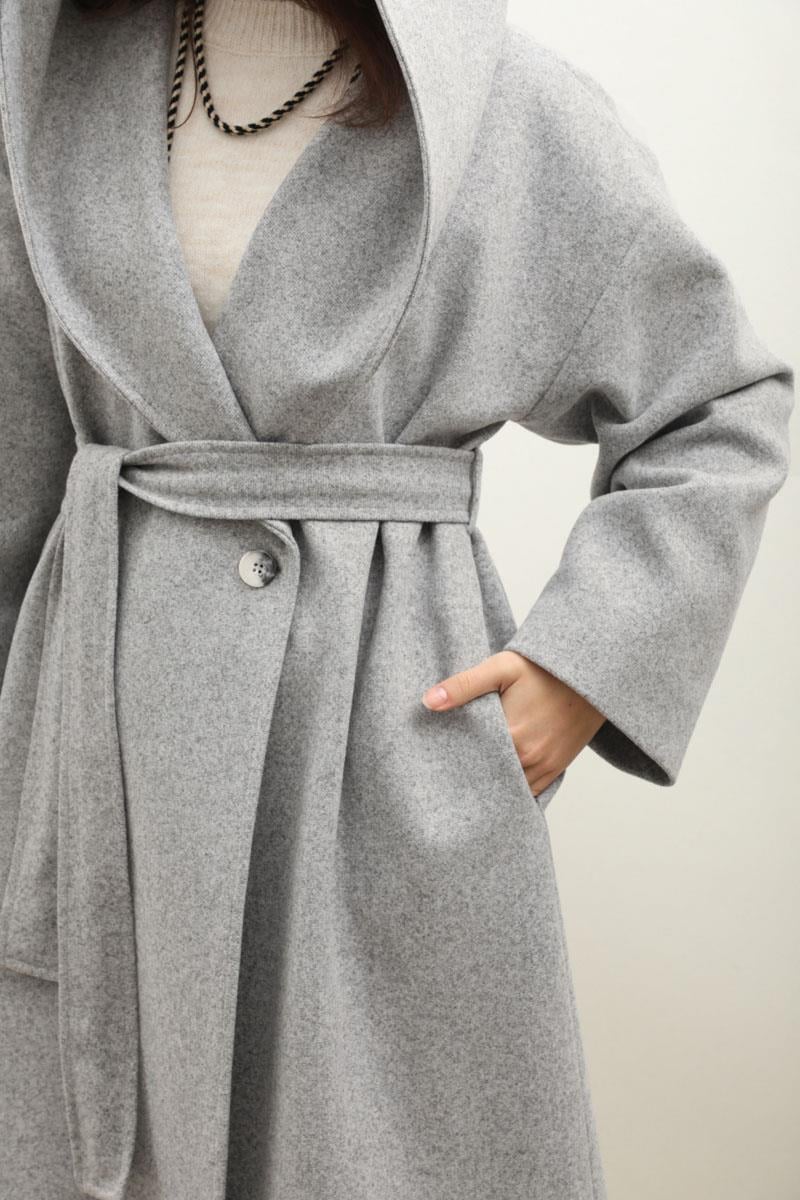 Kapüşonlu Şal Yaka Kaban Gri