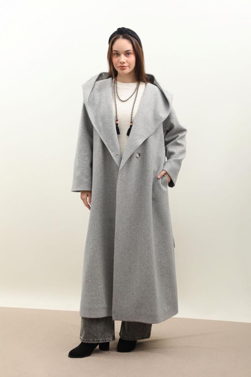 Kapüşonlu Şal Yaka Kaban Gri