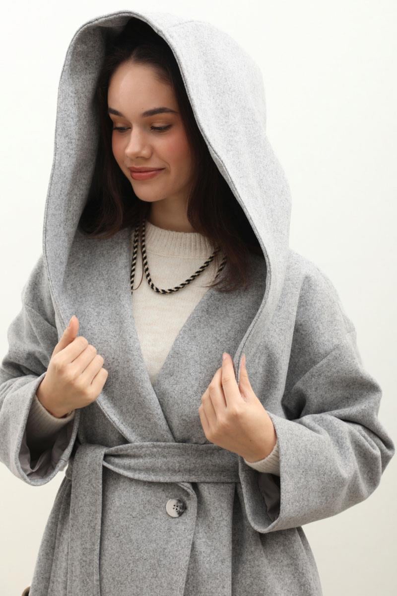 Kapüşonlu Şal Yaka Kaban Gri