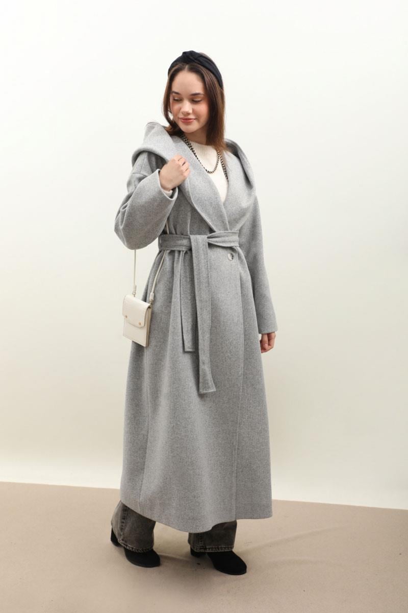 Kapüşonlu Şal Yaka Kaban Gri