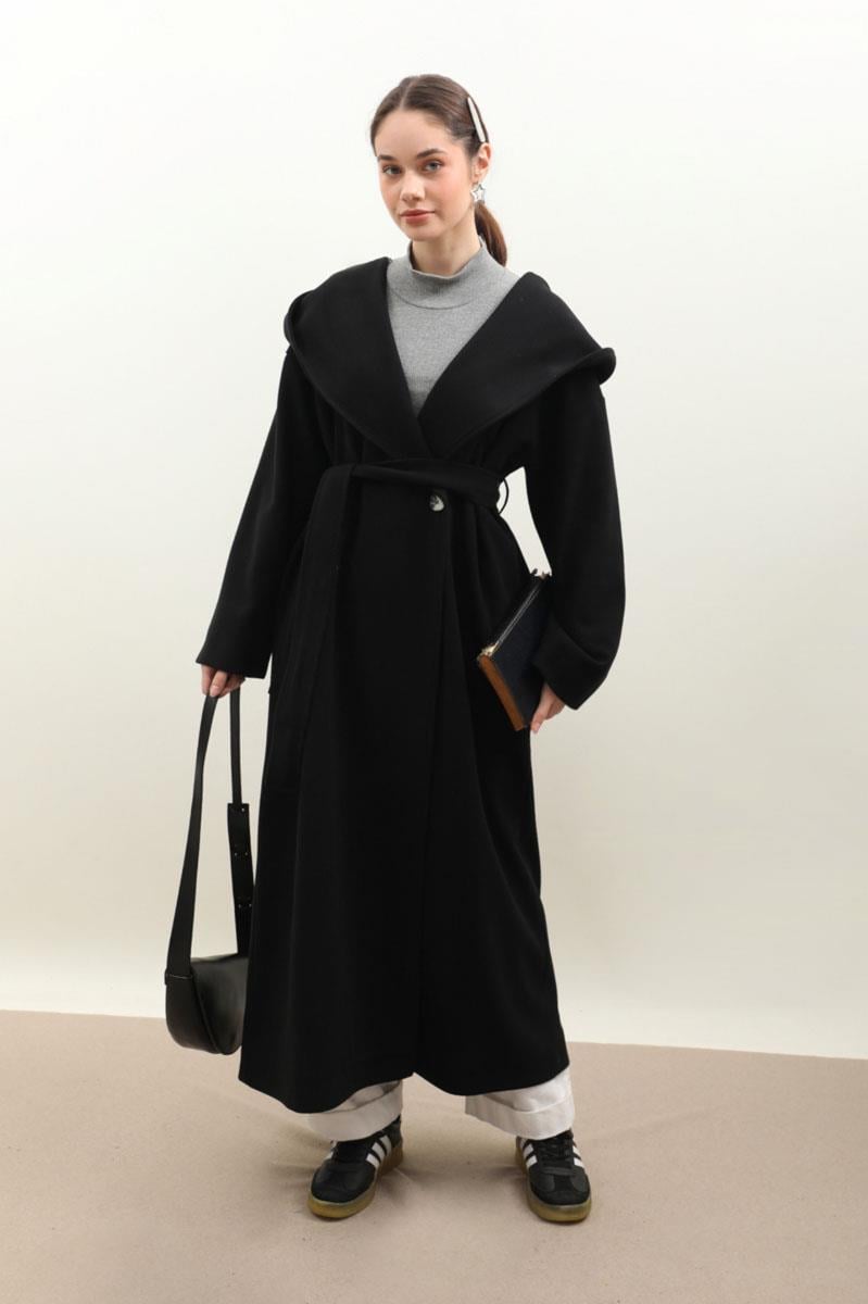 Kapüşonlu Şal Yaka Kaban Siyah