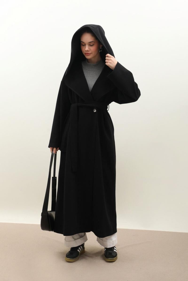 Kapüşonlu Şal Yaka Kaban Siyah