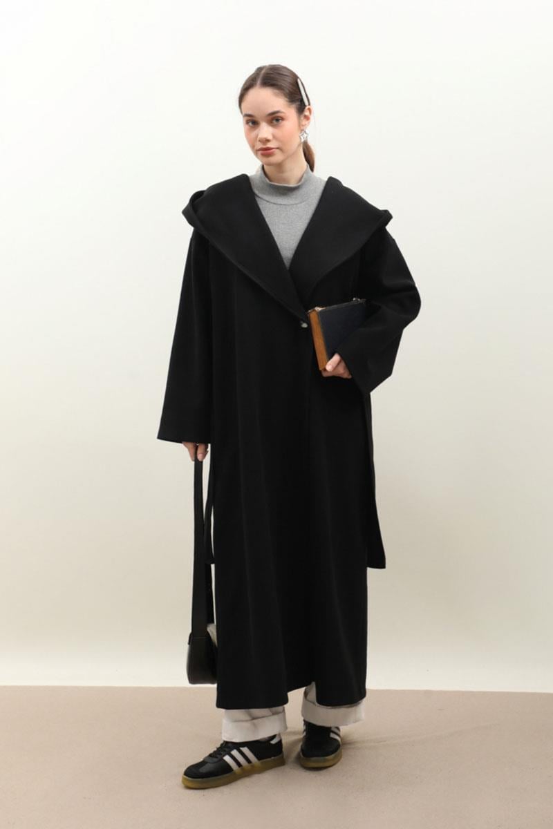 Kapüşonlu Şal Yaka Kaban Siyah