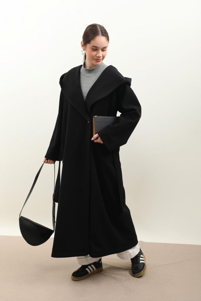 Kapüşonlu Şal Yaka Kaban Siyah