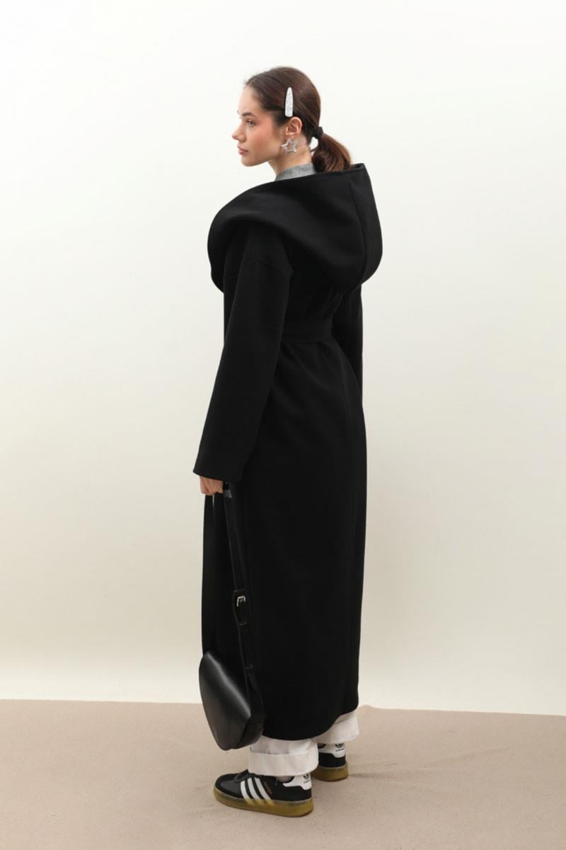 Kapüşonlu Şal Yaka Kaban Siyah