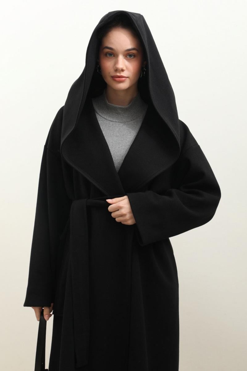 Kapüşonlu Şal Yaka Kaban Siyah
