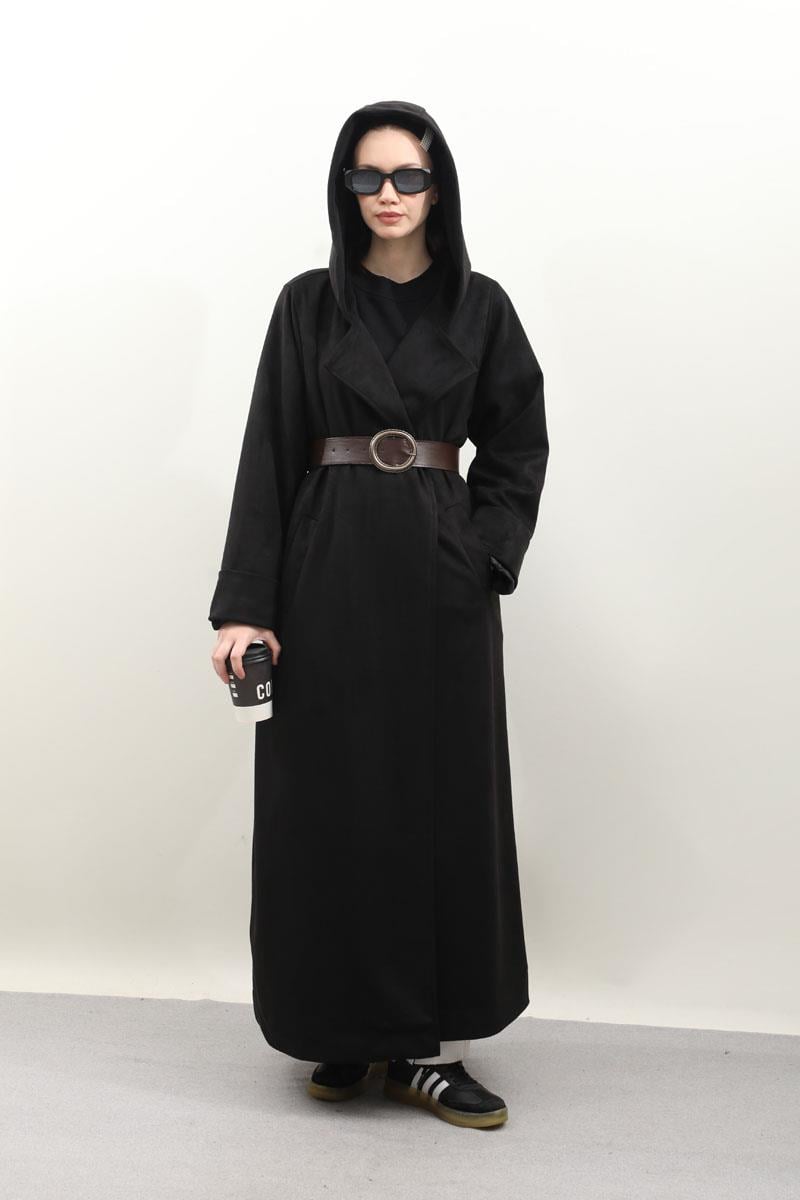 Kapüşonlu Süet Trençkot Siyah