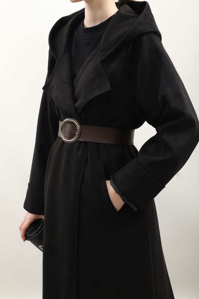 Kapüşonlu Süet Trençkot Siyah