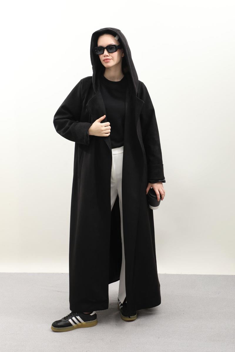 Kapüşonlu Süet Trençkot Siyah